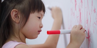 亚洲小女孩喜欢在客厅的白墙上作画。可爱的小朋友们在家里愉快地画画、涂色，享受着节日的创意活动。