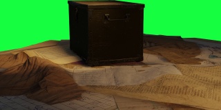 在绿色屏幕上的旧地图和文件上的旧木盒的动画