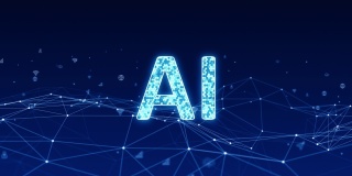 动态图形的蓝色数字AI标志与线连接和未来技术图标悬浮在抽象的背景概念无缝循环视频