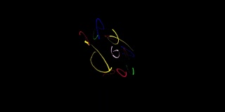 霓虹灯在y轴上以圆形抽象图案旋转，红色、黄色、绿色、蓝色和粉红色就像被拉进黑洞的气体和元素