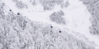 山区冬季景观缆车运动。翻过高山，森林，山坡。滑雪胜地。雪中的树