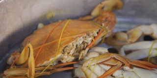 蒸锅上的蓝梭子蟹，刚吃完。蒸蟹。热。泰国传统海鲜。泰国菜。