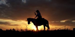 骑马和拿枪看日落的牛仔