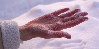 在阳光明媚的冬日里，一个陌生女人的手掌在雪堆上留下了手印。