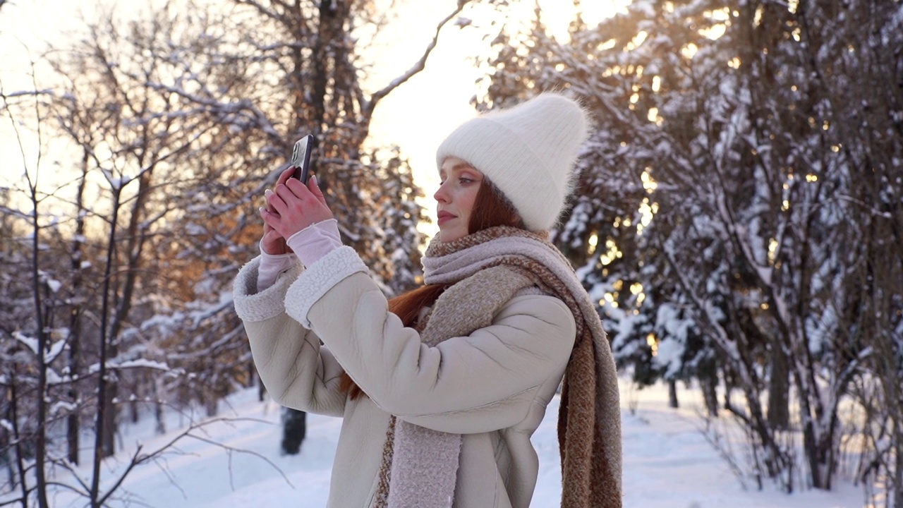 年轻漂亮的女子穿着暖和的冬衣和帽子，在城市公园的树木和积雪的背景下用智能手机相机自拍。