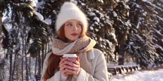 漂亮的年轻女子的肖像在温暖的衣服喝热咖啡从户外的杯子在阳光明媚的冬日。