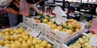 妇女在市场摊位上挑选水果，新鲜的橙子放在袋子里