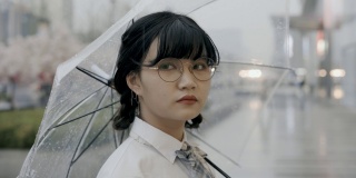 可爱的亚洲女生，穿着校服，打着伞，站在街上