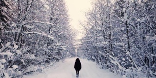 一个女人走在雪林里
