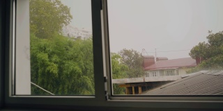 窗外正下着瓢泼大雨。一场暴风雨在城市里开始了