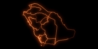 沙特阿拉伯地图与所有州或省发光霓虹灯轮廓内外动画。