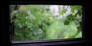 透过三扇板窗看到的雨，关上了。适用于一般电影的开头或结尾