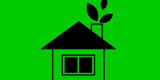 平生态图标。黑房子，烟囱里的叶子。可再生能源概念、绿色技术、生态、绿色能源。矢量插图孤立在绿色背景。