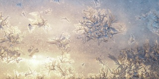 玻璃上的冬季画。从房子的窗户看出去，有霜冻的天气。霜和太阳。冬天的季节。自然的艺术。冰，泥，玻璃上的凝结物