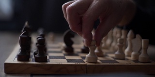 近距离跟踪镜头，无法识别的棋手执行移动与棋子在棋盘上黑暗的房间。