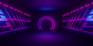 激光表演俱乐部黑暗霓虹科幻未来复古紫蓝色发光天花板灯混凝土车库舞台隧道房间大厅超高清