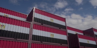 集装箱码头有悬挂埃及国旗的集装箱。埃及进出口概念，4K