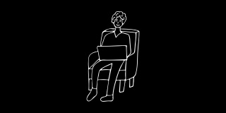 涂鸦与年轻人坐在扶手椅上，在笔记本电脑上工作，绘制企业理念。年轻人坐在扶手椅上用笔记本电脑工作的涂鸦动画。在家工作涂鸦的概念
