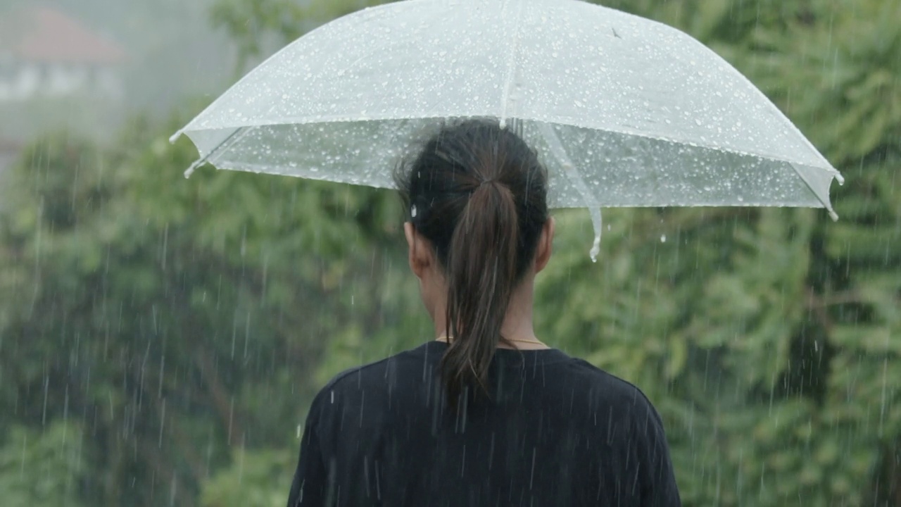 一个女人撑着伞在雨中独行