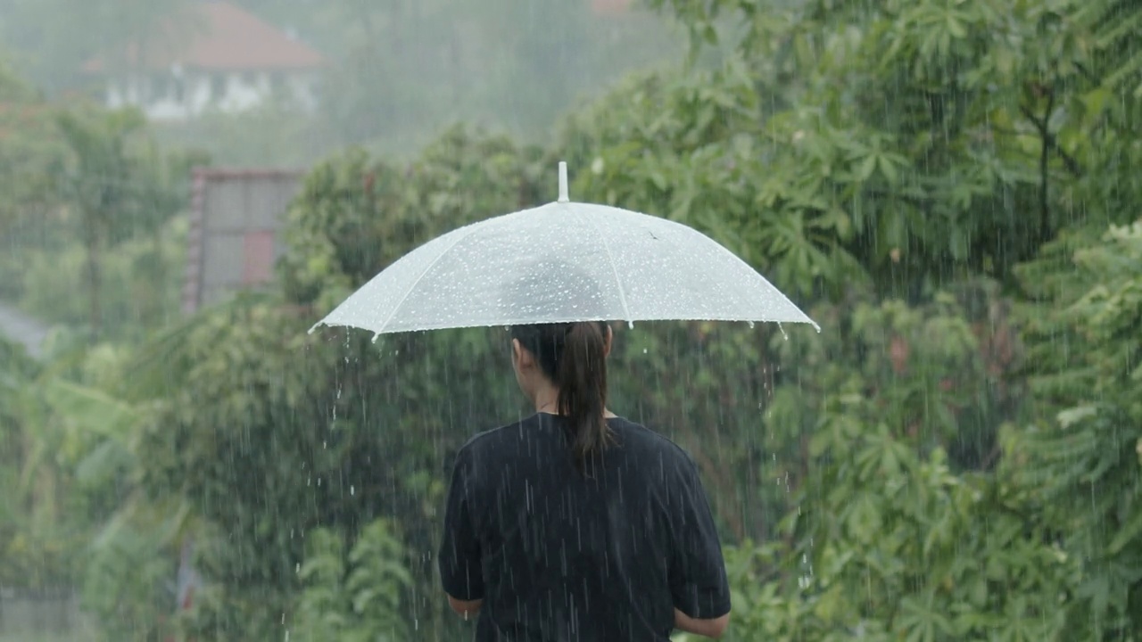 一个女人撑着伞站在雨中