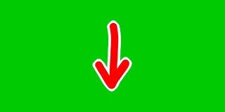 手绘箭头动画绿屏，红色卡通箭头在绿屏背景上向下移动