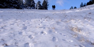 在冬天的一个雪山的山顶上的两个人的低角度视图