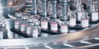 新型冠状病毒疫苗生产，机器给通过传送带传递的瓶子上盖。制药公司生产线。循环3 d画面