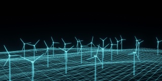 用于发电机的风力涡轮机。清洁能源的概念。3 d动画4 k。,全息图的风格。