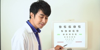 眼科医生指着检查病人视力的Snellen图，准备配眼镜，表达积极的情绪
