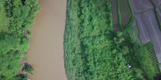 无人机拍摄的印尼热带腹地景观，看起来稻田、大河和树木依然美丽