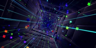 科幻bg飞越科技数字空间，就像霓虹灯隧道。高科技信息流概念，区块链。三维环形bg运动设计，立方体和球体，结构。黑暗的动态bg
