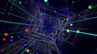 科幻bg飞越科技数字空间，就像霓虹灯隧道。高科技信息流概念，区块链。三维环形bg运动设计，立方体和球体，结构。黑暗的动态bg视频素材模板下载