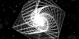摘要辉光粒子在空间中形成三维物体。多维数据集。Vj环作为虚拟数字空间的bg。作为大数据、网络或虚拟现实空间的概念，粒子形成全息形状。科幻运动设计