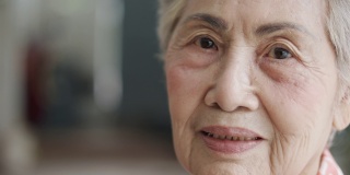 近4K影印空间，一位80多岁的亚洲老年女性(80多岁)正用快乐、活泼的表情和眼神对着镜头摆姿势，享受退休生活。