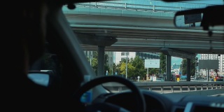 从城市道路上行驶的汽车窗口俯瞰城市风景