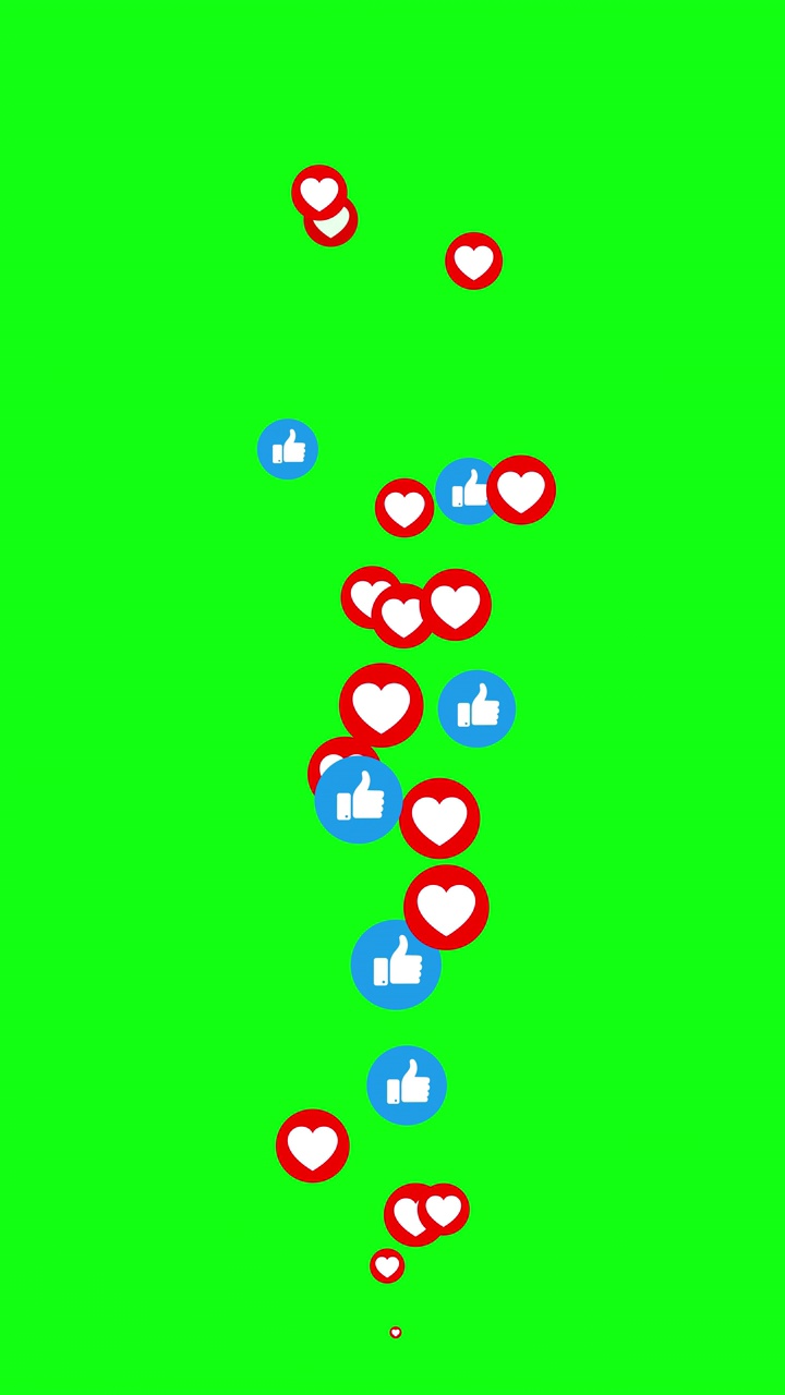 无缝循环。社交媒体现场风格动画图标上的绿色背景。爱的心和竖起大拇指的符号。情人节。生活流。色度键