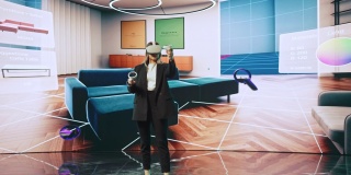室内设计师使用VR软件设计一个家，尝试不同的颜色，在互动环境中移动家具。为她的项目使用虚拟现实耳机和控制器的女工程师。
