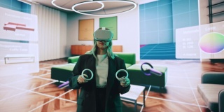 室内设计师展示现代VR软件设计生活空间。女工程师使用耳机和控制器在舞台上的大屏幕上展示功能。