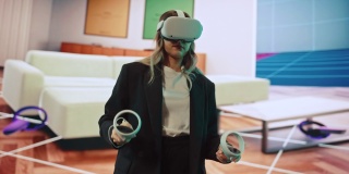 室内设计师使用VR软件设计一个家，尝试不同的颜色，在互动环境中移动家具。为她的项目使用虚拟现实耳机和控制器的女工程师。