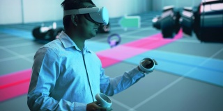 汽车工程师使用虚拟现实软件在大数字屏幕上展示互动环境中的电动马达和车辆平台。使用耳机和控制器的多种族男性工程师。