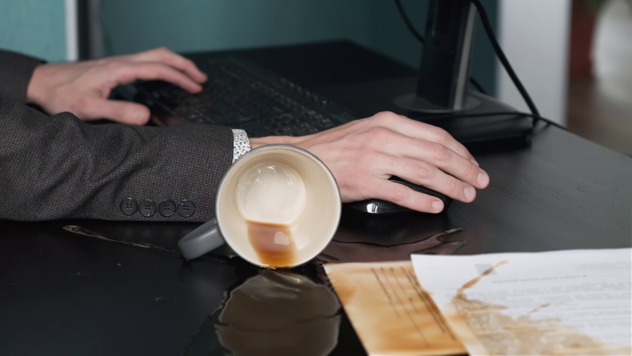 一名男子在工作时把咖啡洒在了桌子上