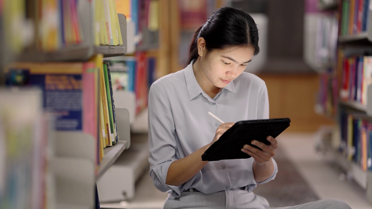 女学生在图书馆找书。