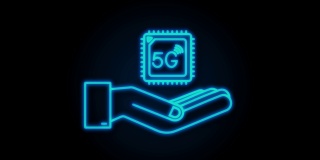 霓虹灯5G eSIM嵌入式SIM卡与手图标符号概念。新型芯片移动蜂窝通信技术。运动图形