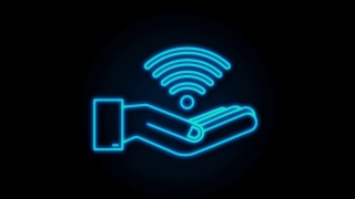 免费wifi区霓虹灯标志在手中的图标。这里免费wifi标志概念。运动图形视频素材模板下载