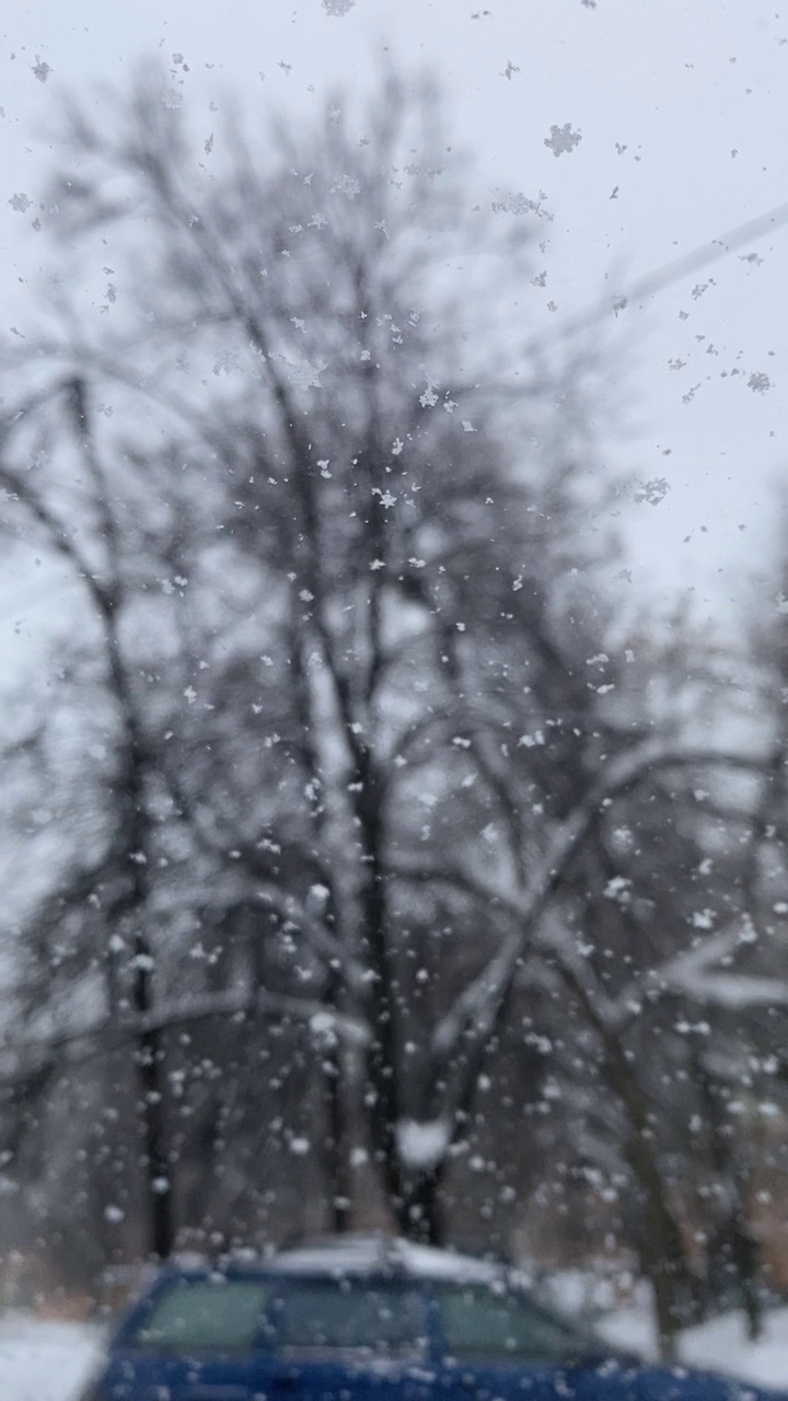 垂直拍摄的点滴融化的雪在汽车的侧窗。透过布满雨滴的玻璃从车里慢镜头拍摄。