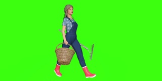 农家姑娘带着篮子和耙子走着，绿色的背景
