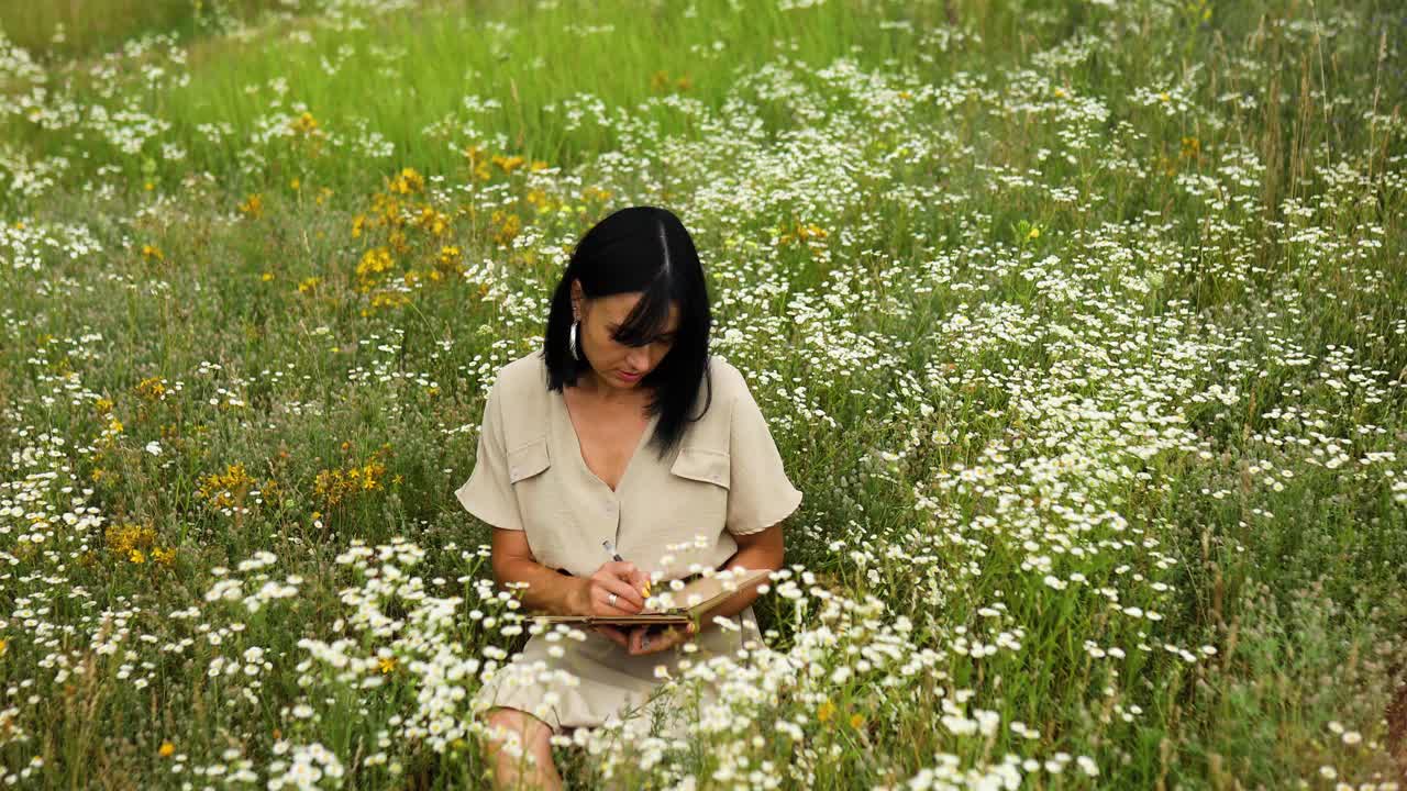 女人们用钢笔或绘画，在笔记本上书写鲜花盛开的草甸