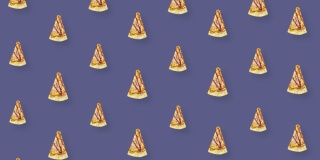 披萨的彩色图案孤立在紫罗兰色的背景上。披萨切片的无缝图案。前视图。现实的动画。4 k视频运动