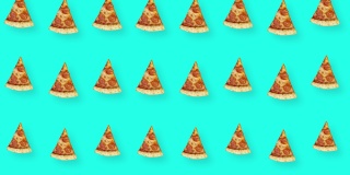 披萨的彩色图案孤立在绿松石色背景上。披萨切片的无缝图案。前视图。现实的动画。4 k视频运动