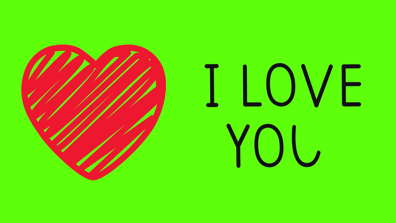 我爱你。动画。手写文字用心。情人节。绿色的屏幕。4 k